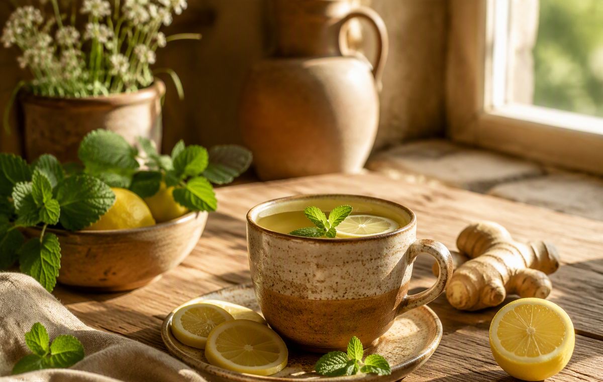 Tasse de tisane au gingembre et au citron sur une table en bois